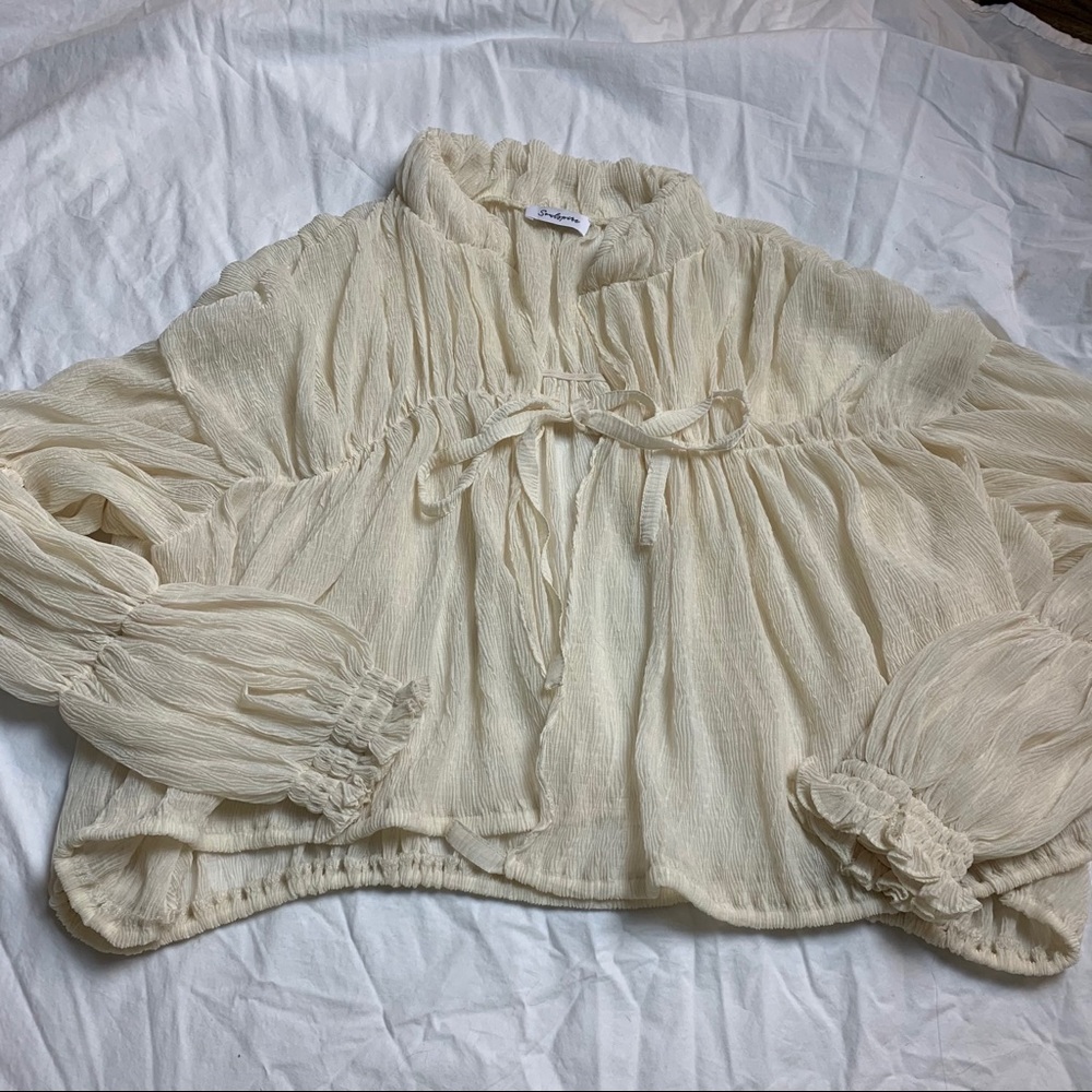Cream Smocked Blouse with Mandarin Collar and Tie Front